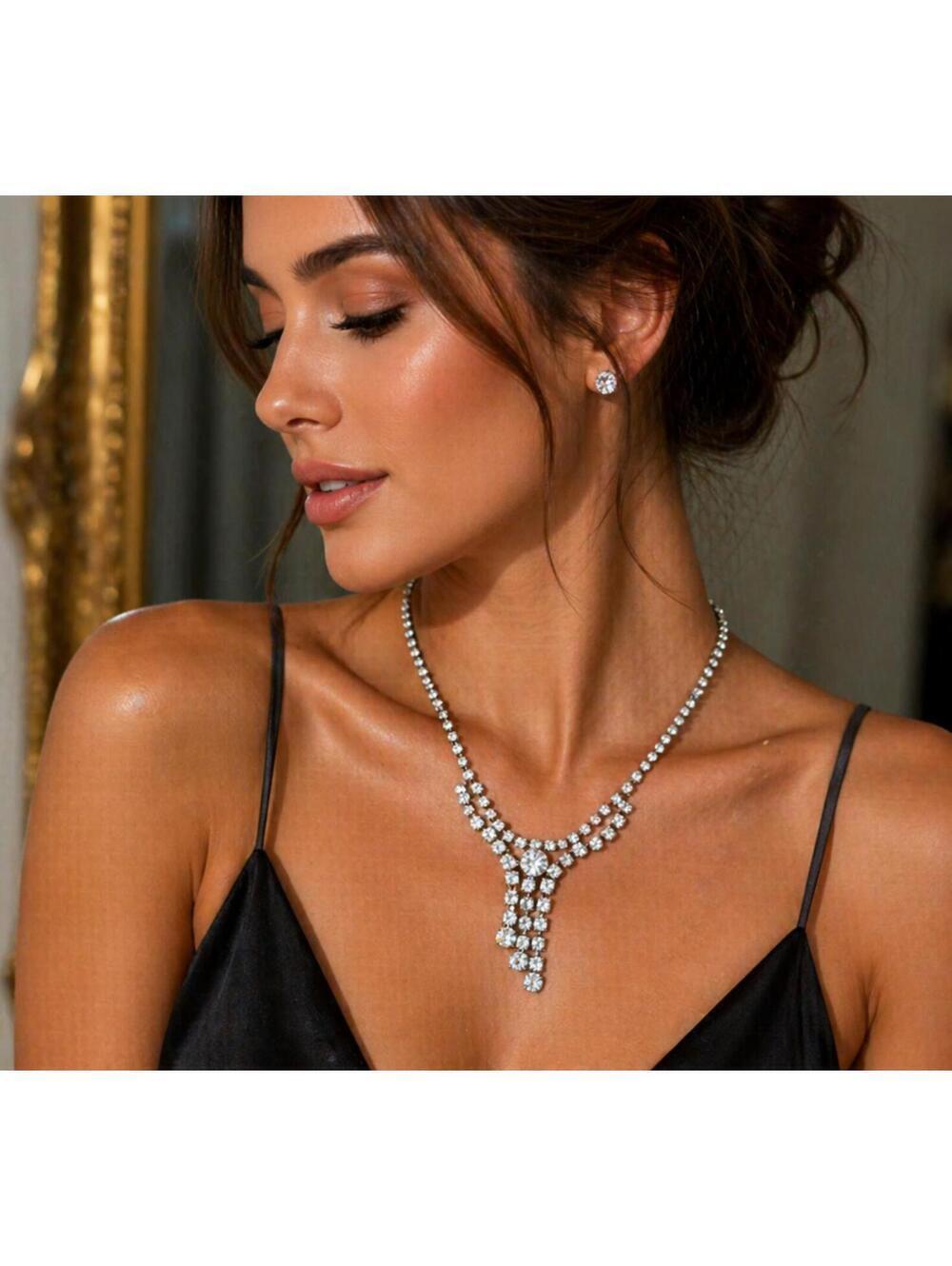 Vintage LA Roco Rhinestone Y Drop Bridal Statement Necklace Sparkle - Picture 9 of 9